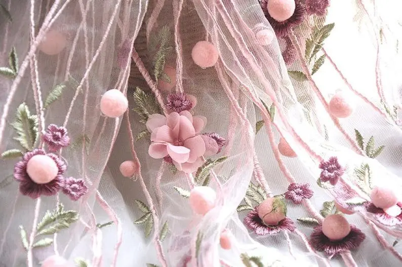 Embroidery Veil - 3d chiffon flor pompom bordado tecido