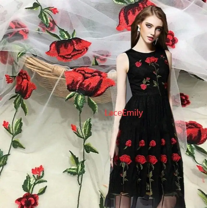 Embroidery Veil - Tecido de renda rosa vermelha flor