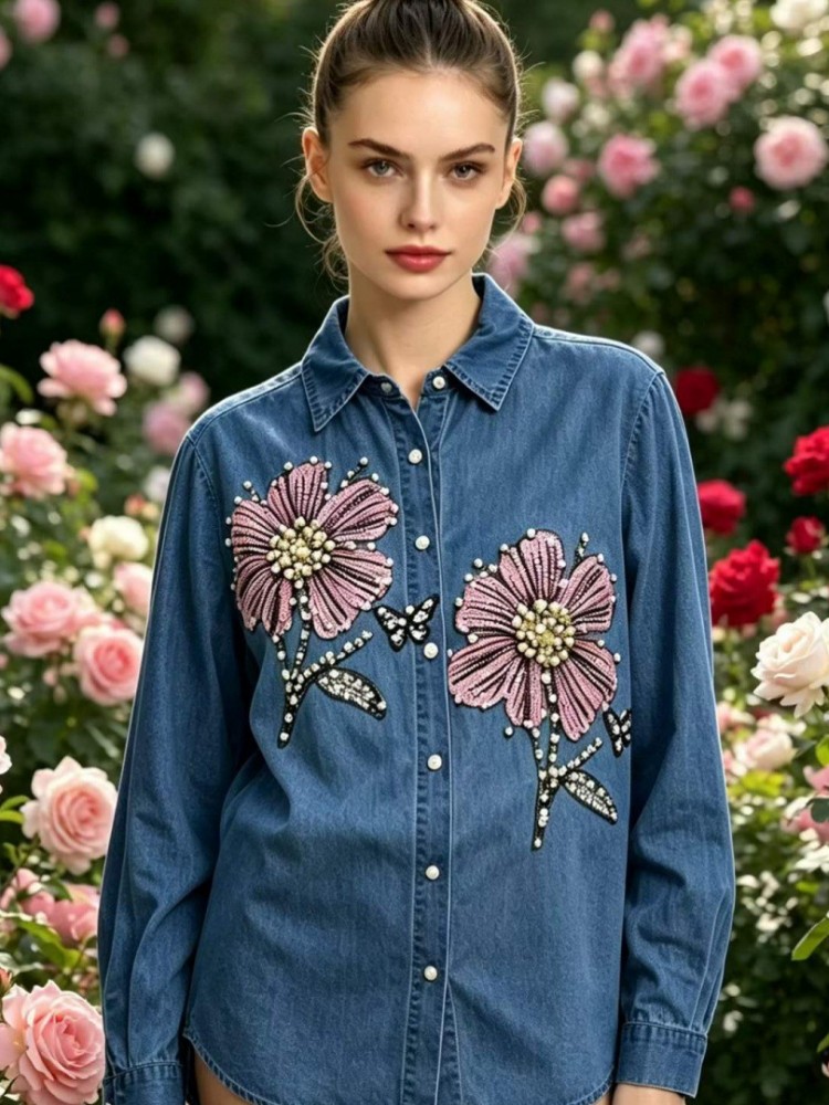 Embroidery Shirt - Blusas de Denim com Bordado para