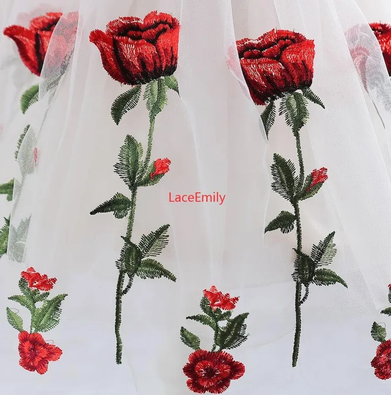 Tecido de renda rosa vermelha  - Embroidery Veil avaliação e preço
